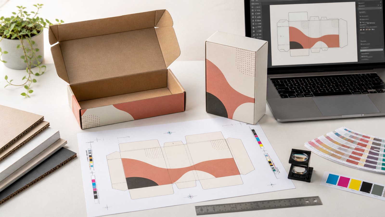 Custom packaging artwork prepress workspace with folded boxes, dieline proof, color swatches, and registration marks
