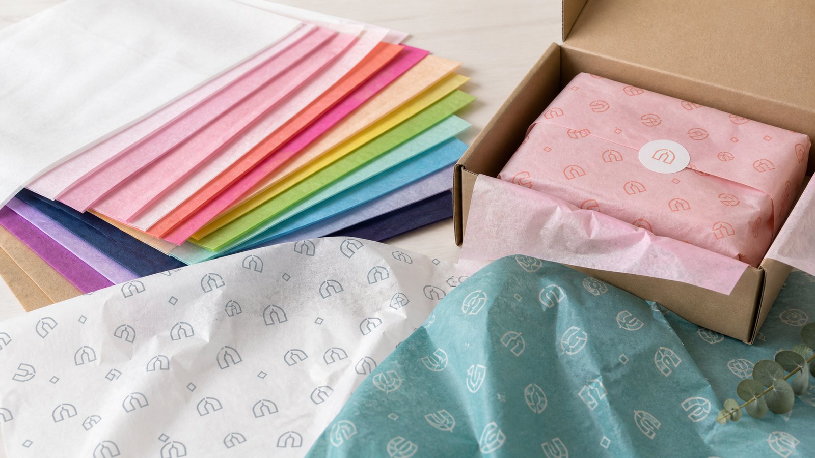 Custom printed tissue paper in multiple stock colors with single-color repeat logo patterns and an ecommerce mailer box