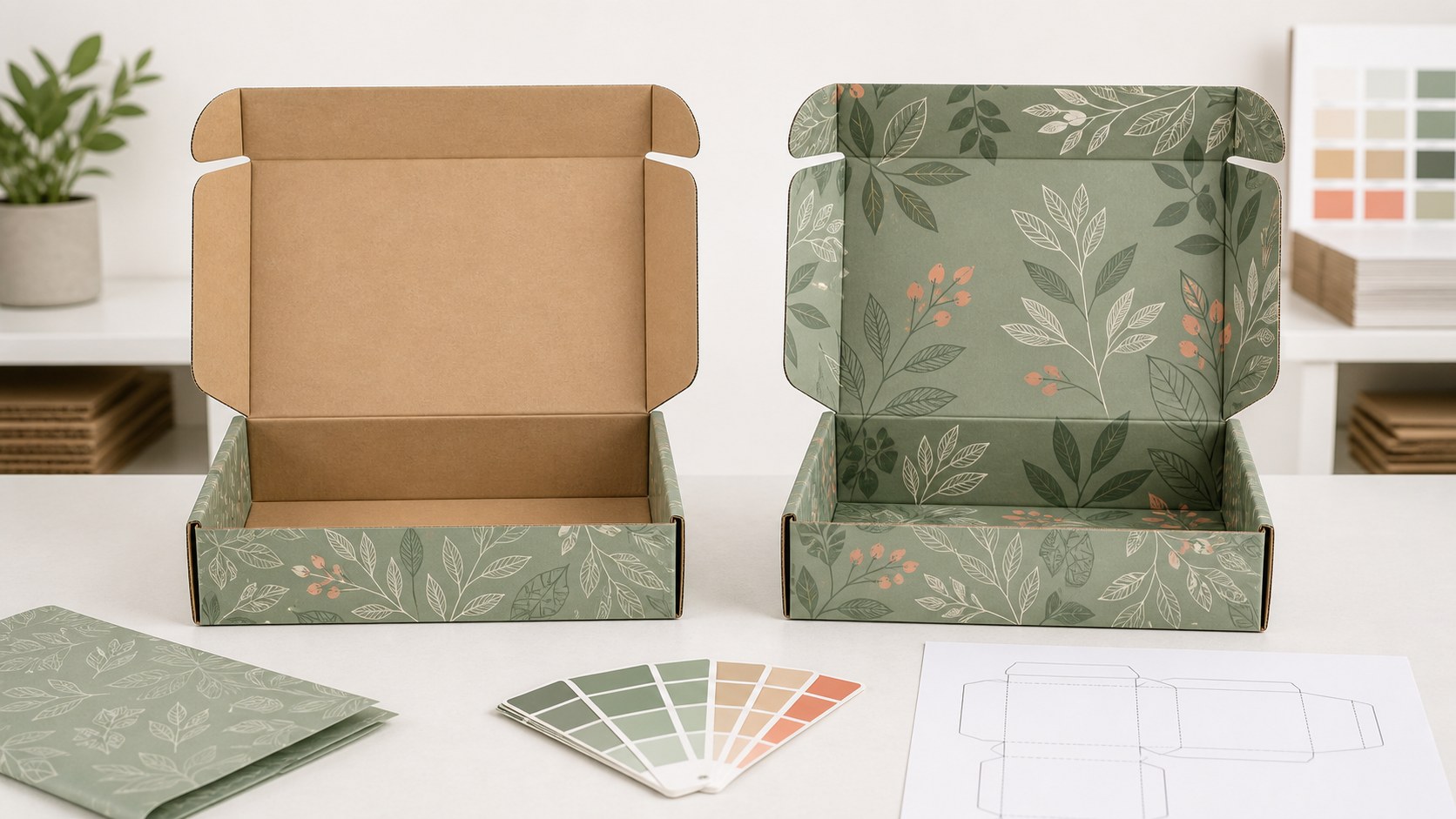 Open corrugated mailer boxes comparing a plain kraft interior with a fully printed interior