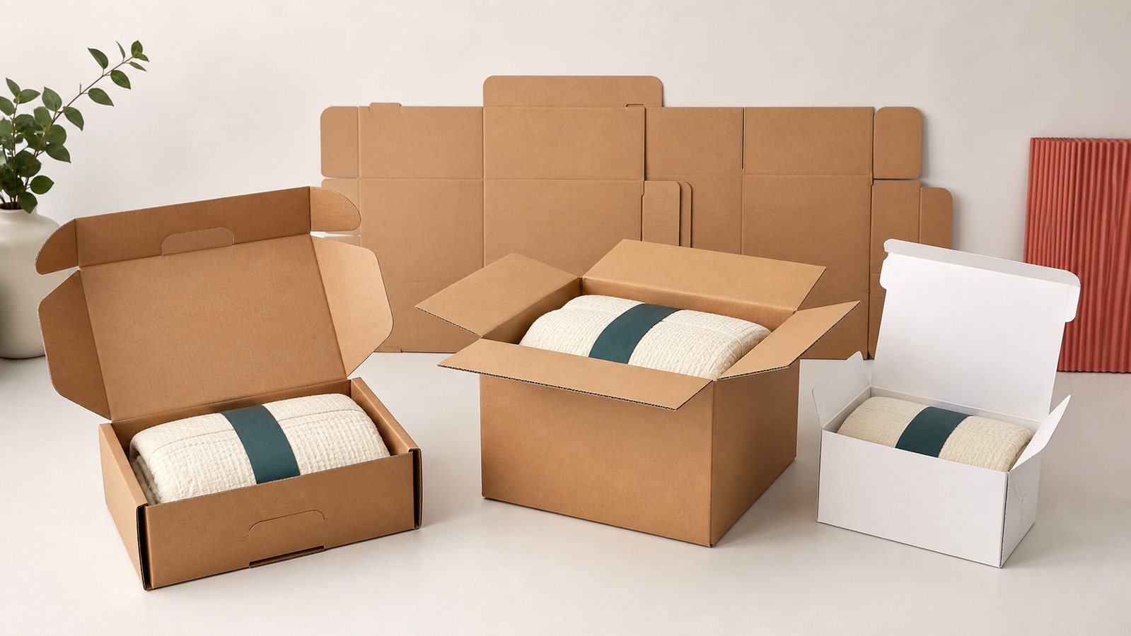 Large lightweight product compared in a corrugated mailer box, slotted shipping carton, and paperboard carton