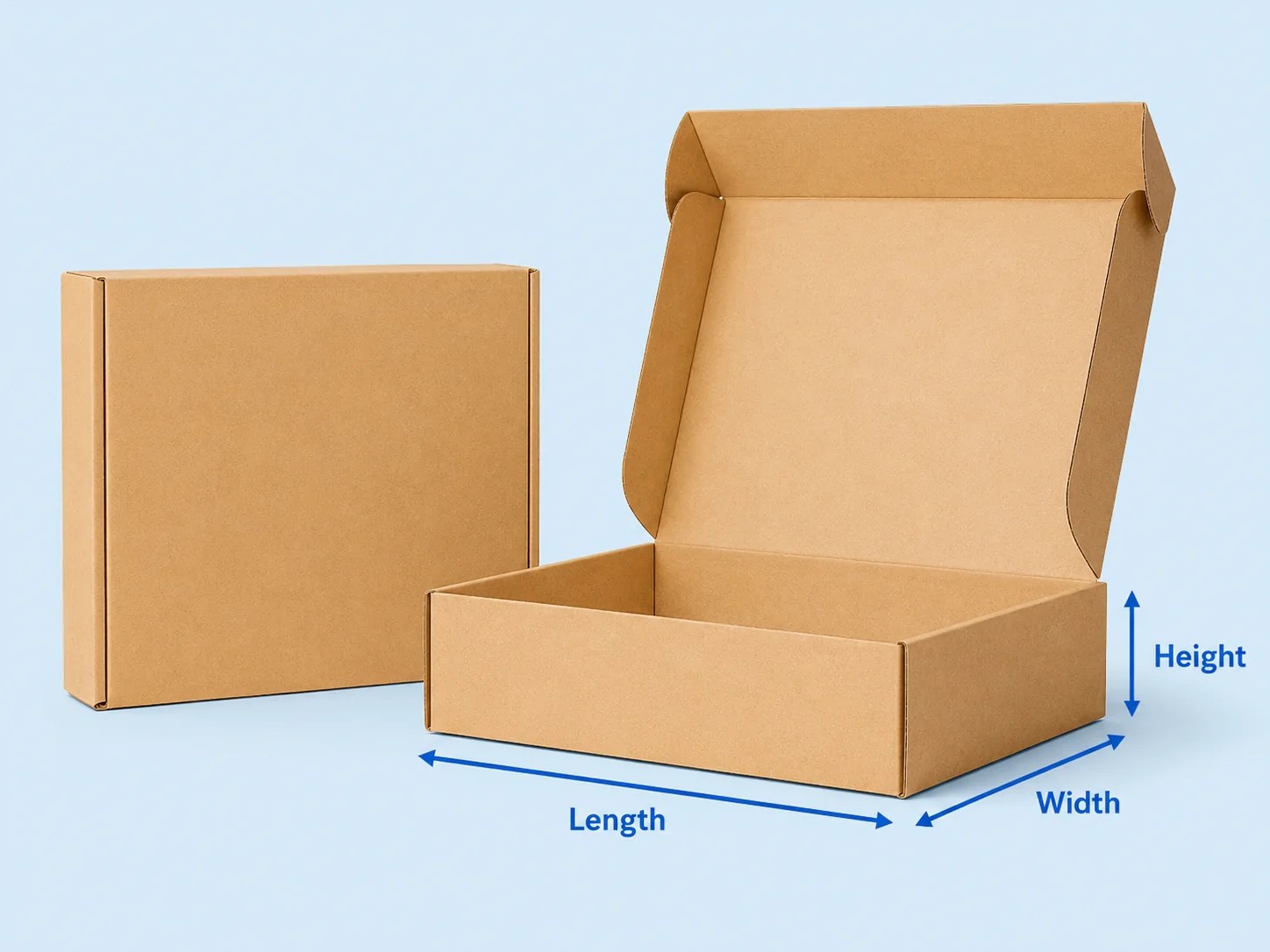 Finished mailer box with length, width, and height dimensions marked